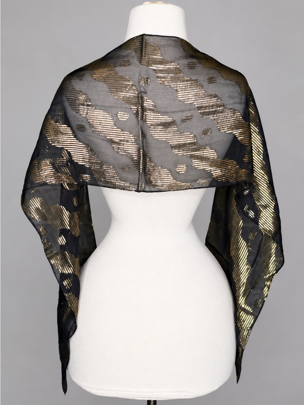 Vintage Sheer Black & Gold Metallic Scarf Lightweight Shimmer Wrap Chic